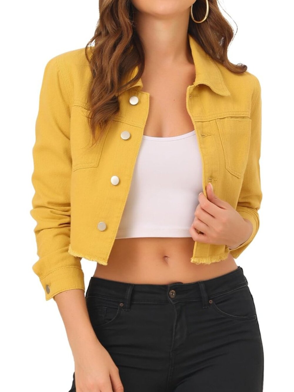 Women's Mustard Cropped Frayed Hem Turndown Collar Button Up Trendy Denim Jacket